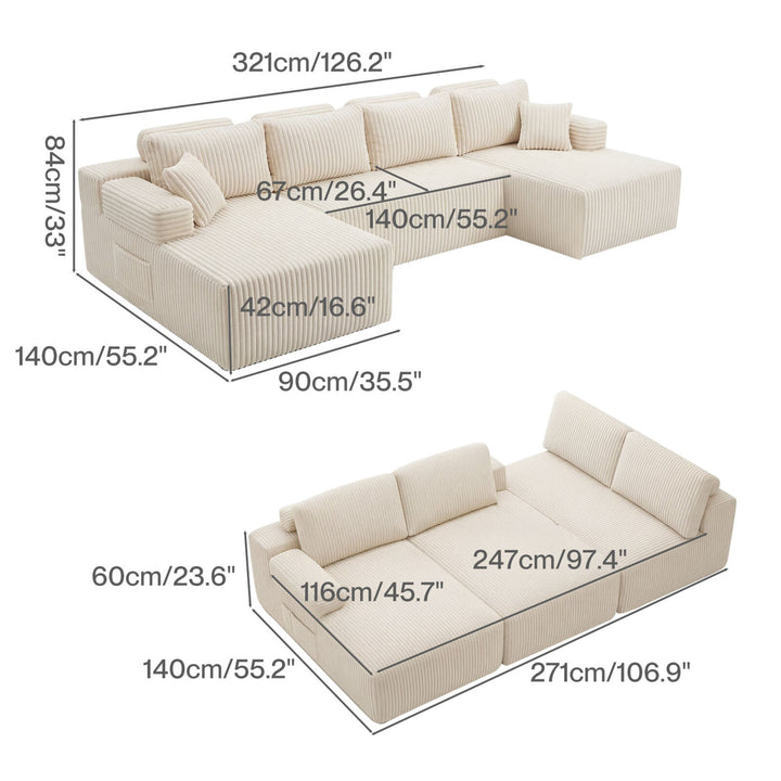 Modular Sofa Lounge Set Corduroy U Shaped Sectional Cloud Couch Beige