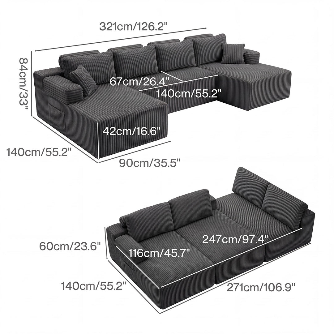 Modular Sofa Lounge Set Corduroy U Shaped Sectional Cloud Couch Grey