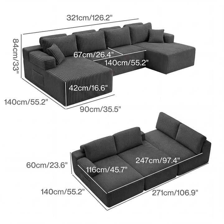 Modular Sofa Lounge Set Corduroy U Shaped Sectional Cloud Couch Grey
