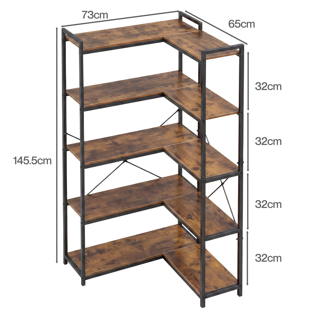 Corner Bookshelf 5 Tier Bookcase L Shape Storage Shelf Display Rack Brown