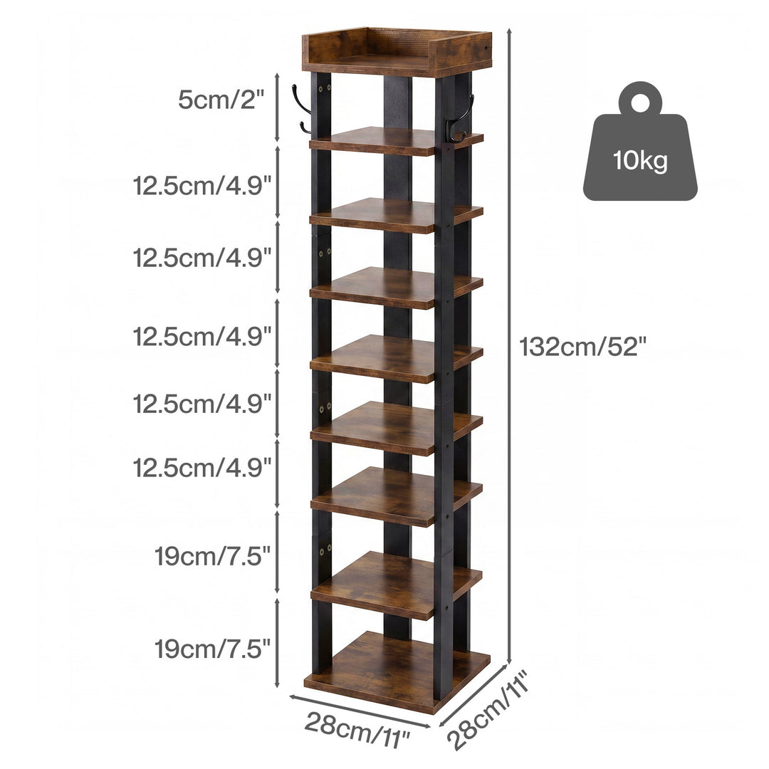 Narrow Shoe Rack Vertical 9-Tier Shoe Storage Organiser Shelf Side Hooks