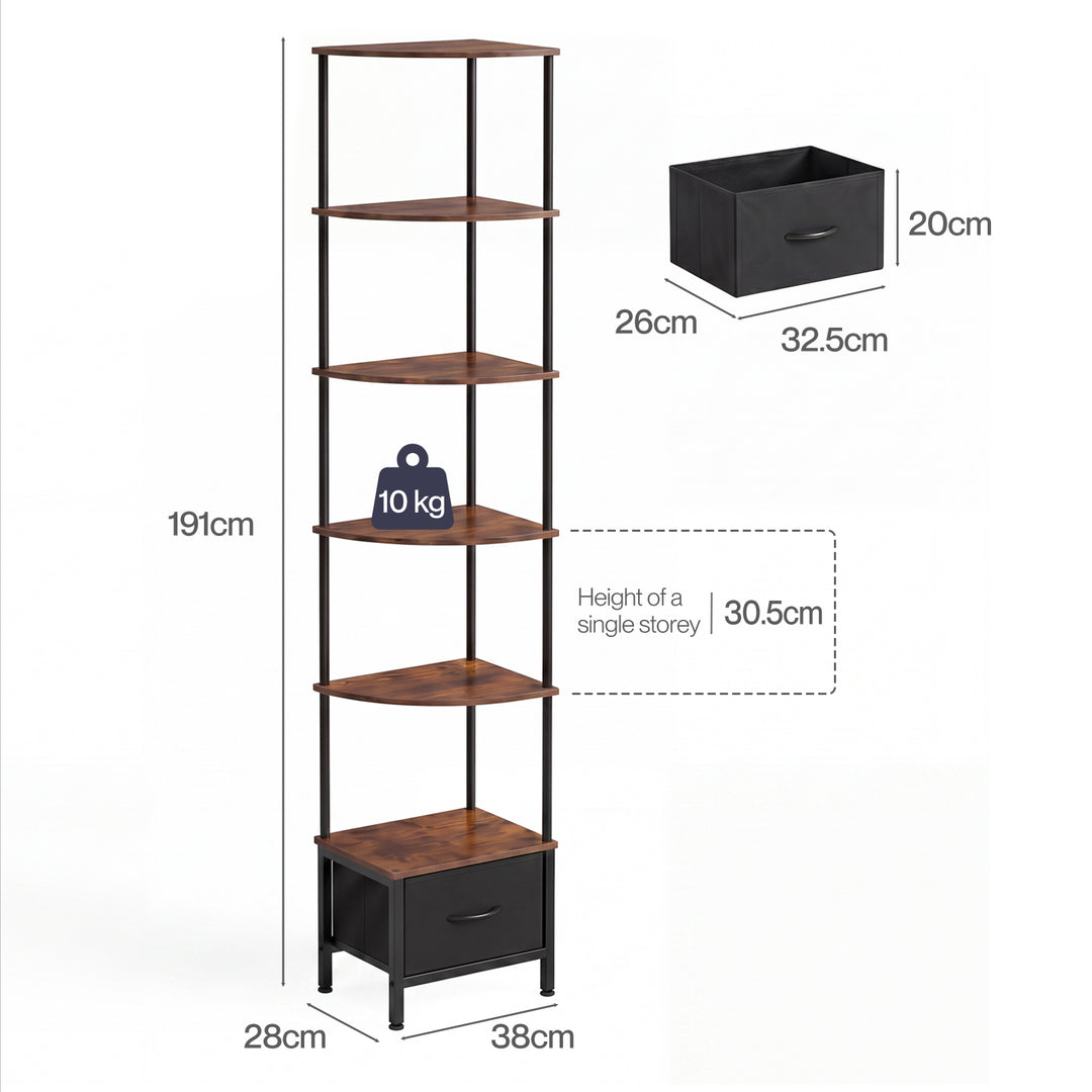 Corner Bookshelf Corner Shelf Unit 6-Tier with LED Light Drawer Brown