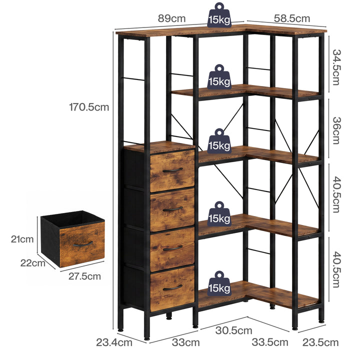 Corner Bookshelf with 4 Fabric Drawers & LED Light 5 Tier Bedroom Rustic