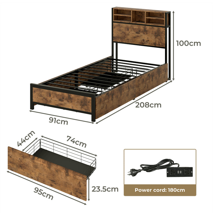 Bed Frame Storage Headboard Drawers RGB LED USB Charge Industrial