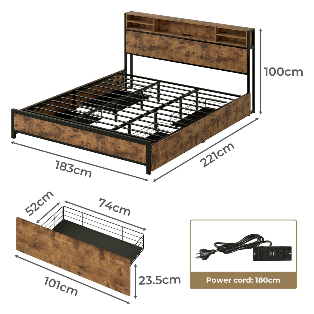 Bed Frame Storage Headboard Drawers RGB LED USB Charge Industrial