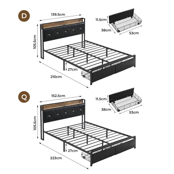 Levede Double Metal Bed Frame 2 Drawers PU Upholstered Headboard Under Storage - Levede