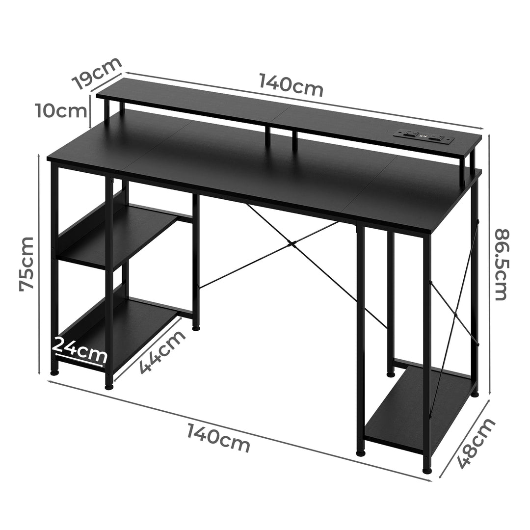 Gaming Desk Computer Table Monitor Shelf Power Outlets RGB Light 140cm