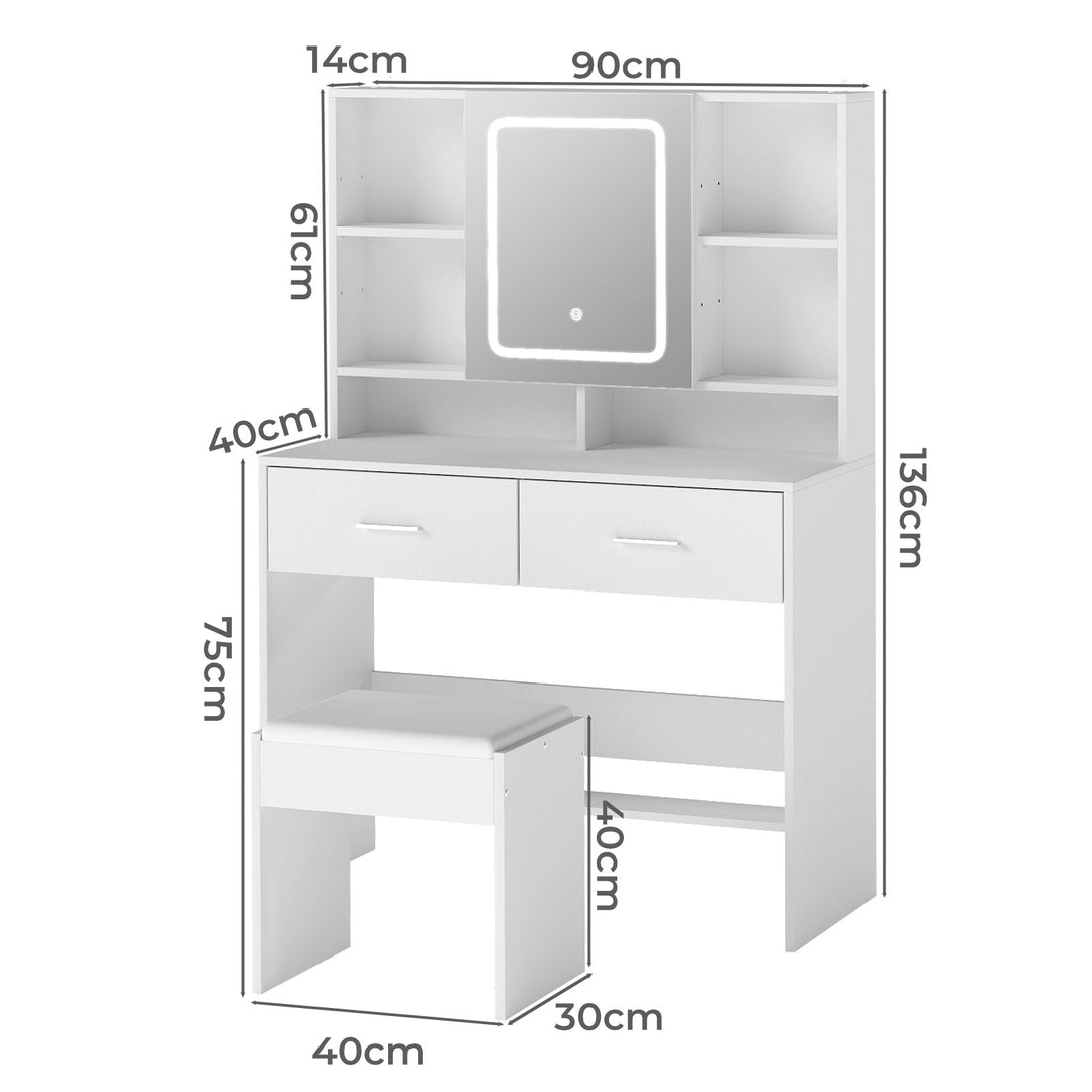 Dressing Table Stool Set with  Makeup Mirror Vanity Desk Cabinet White
