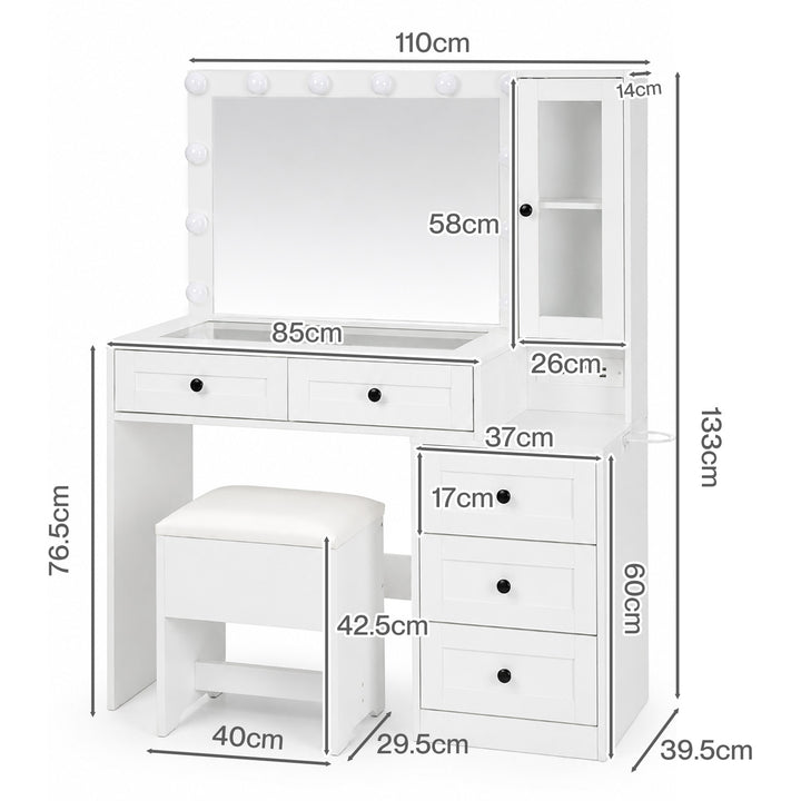 Dressing Table Vanity Desk with LED Mirror 5 Drawers Charging White
