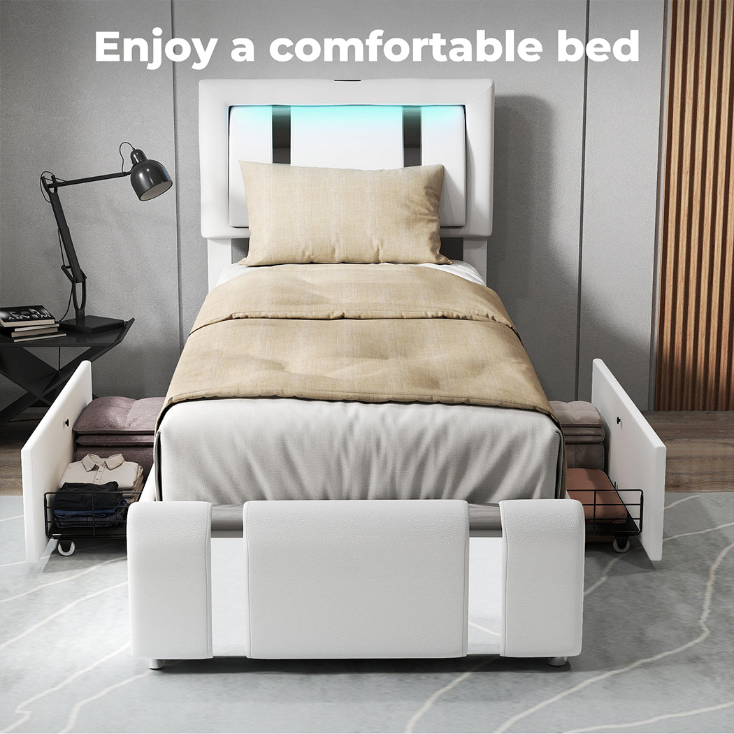 Bed Frame Adjustable Soft Headboard LED Lights Drawers USB Charge