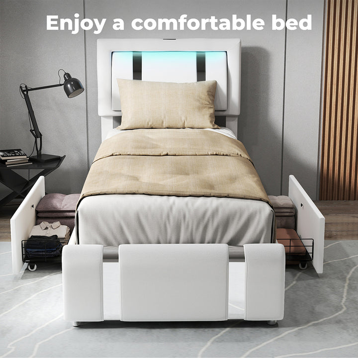 Bed Frame Adjustable Soft Headboard LED Lights Drawers USB Charge