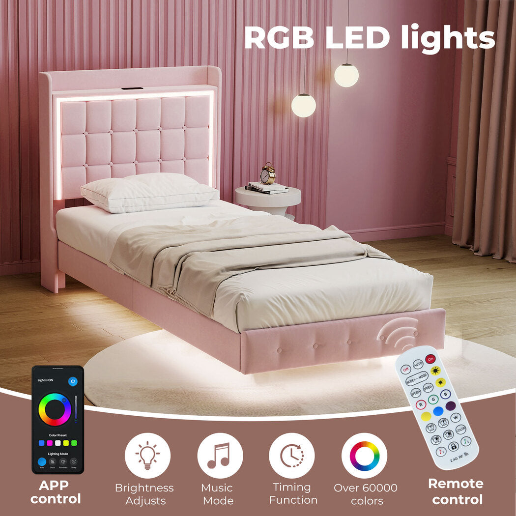 Single Floating Bed Frame With RGB LED Light Headboard USB Charge