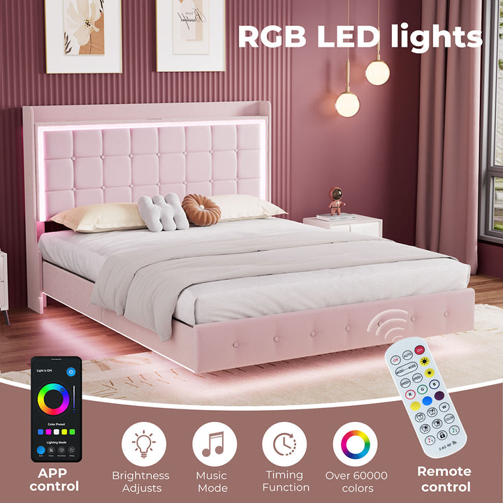 King Floating Bed Frame With RGB LED Light Headboard USB Charge
