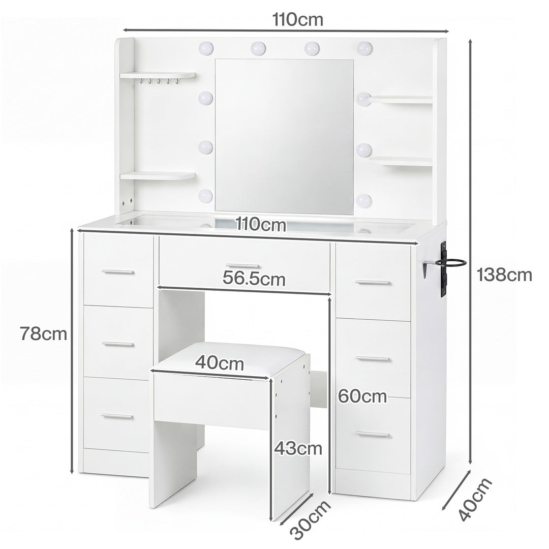 Dressing Table Makeup Vanity with Lights Glass Desktop 7 Drawers White