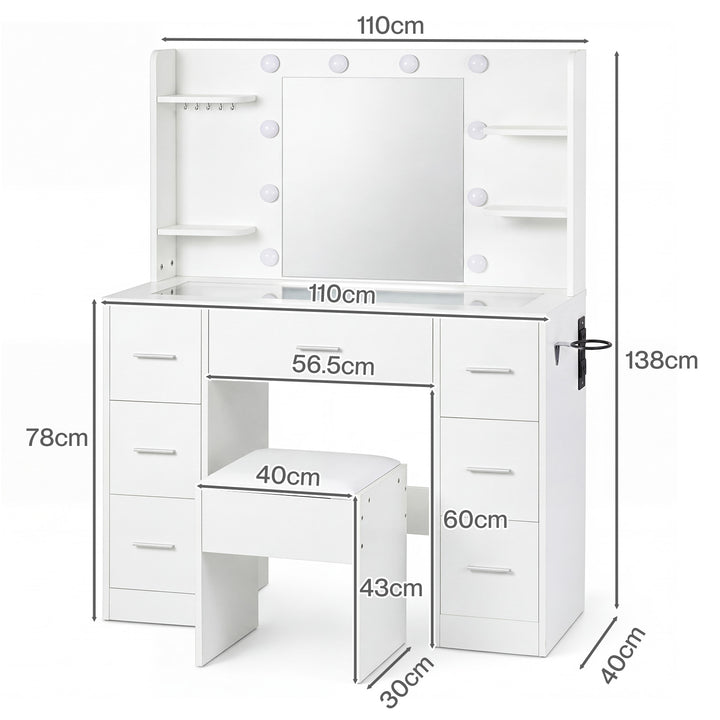 Dressing Table Makeup Vanity with Lights Glass Desktop 7 Drawers White