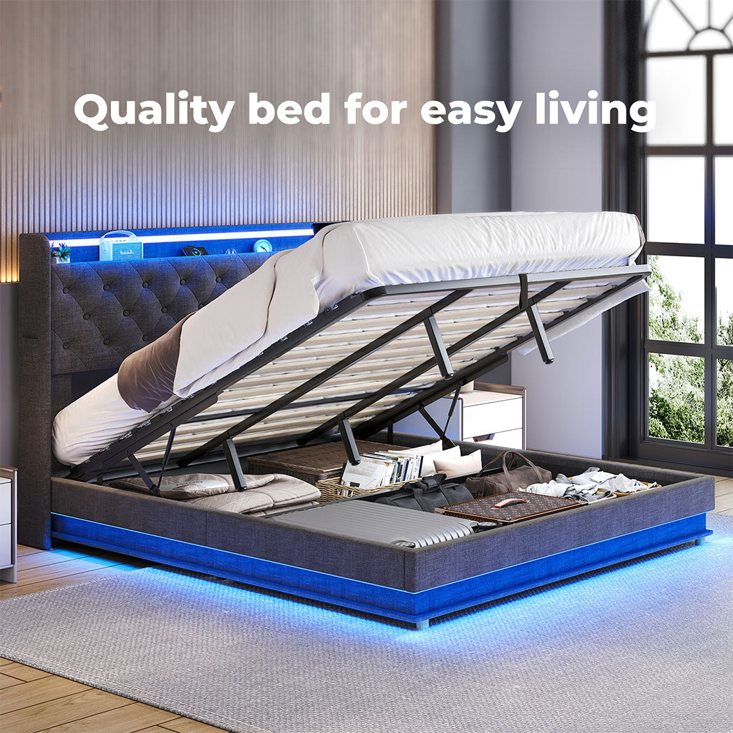 Gas Lift Storage Bed with LED Light Headboard