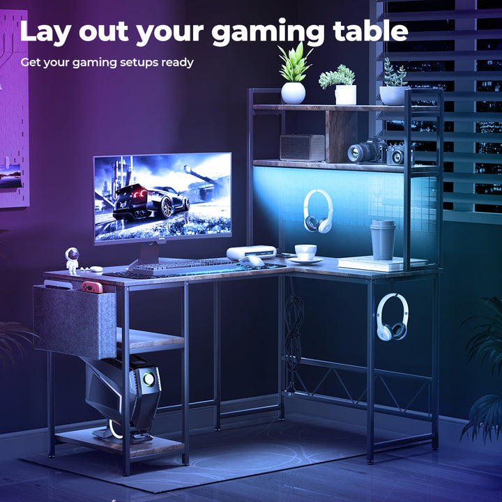 Levede L Shaped Gaming Desk with LED Lights Brown - Levede