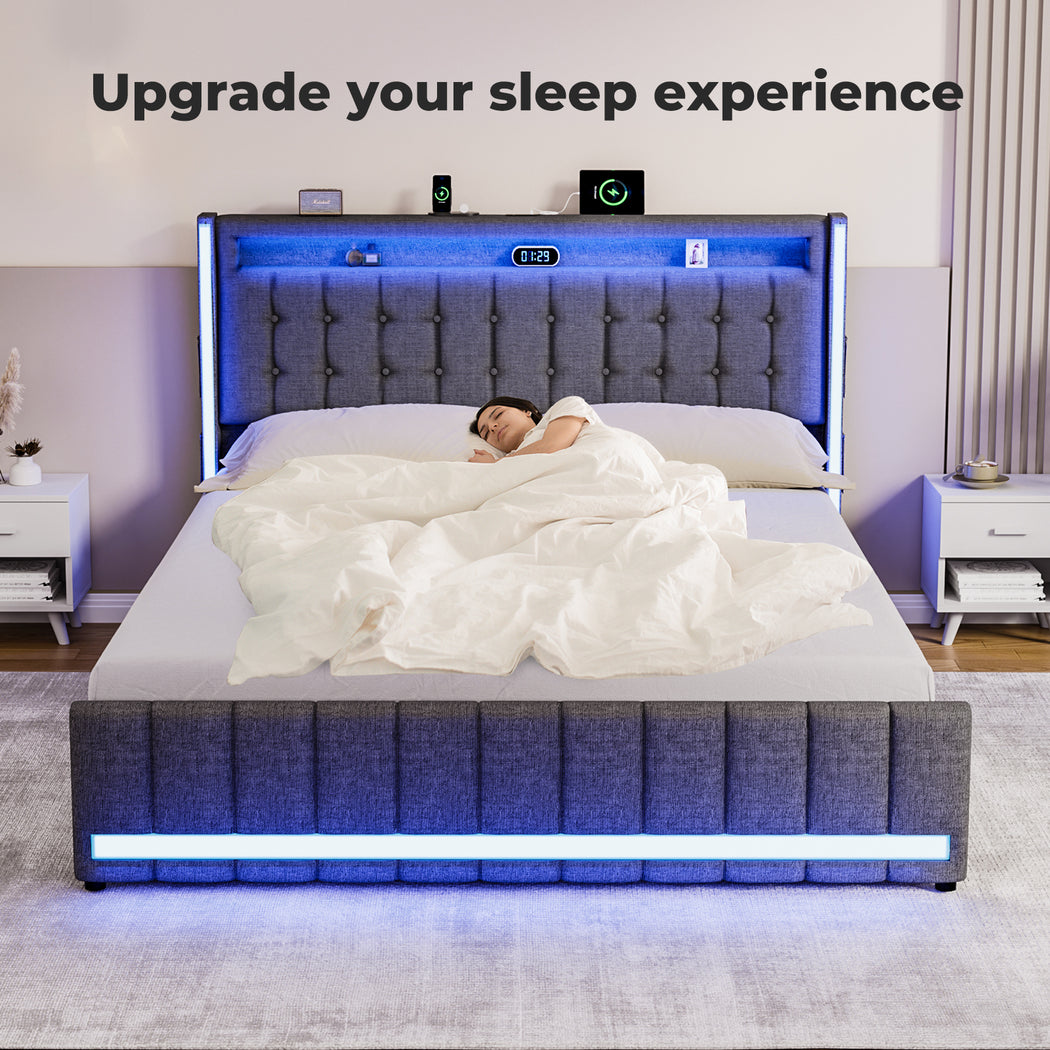 Levede Double Solid Bed Frame Headboard RGB LED Lights 4 Drawer USB Charge