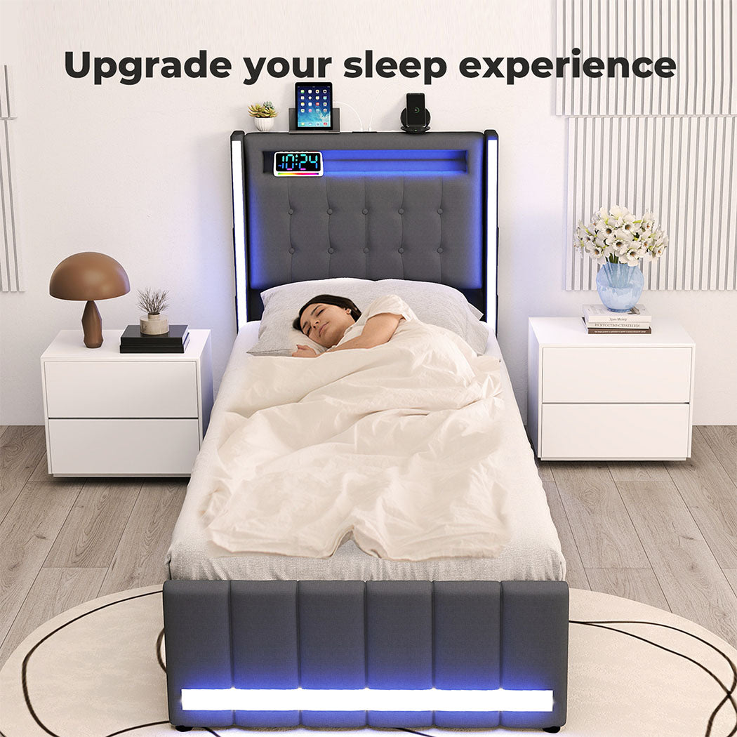 Bed Frame RGB LED Headboard with Drawers