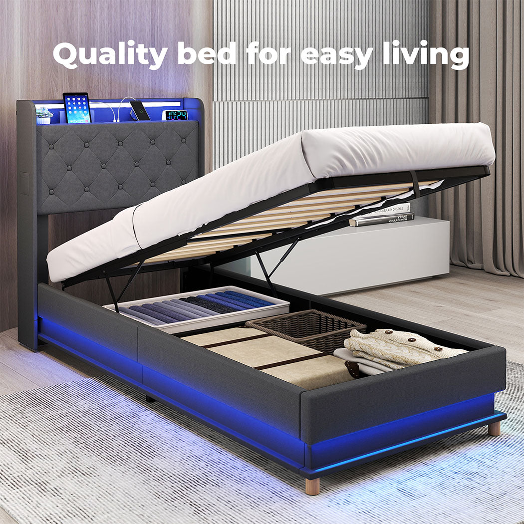 Single Gas Lift Storage Bed with LED Light Headboard.