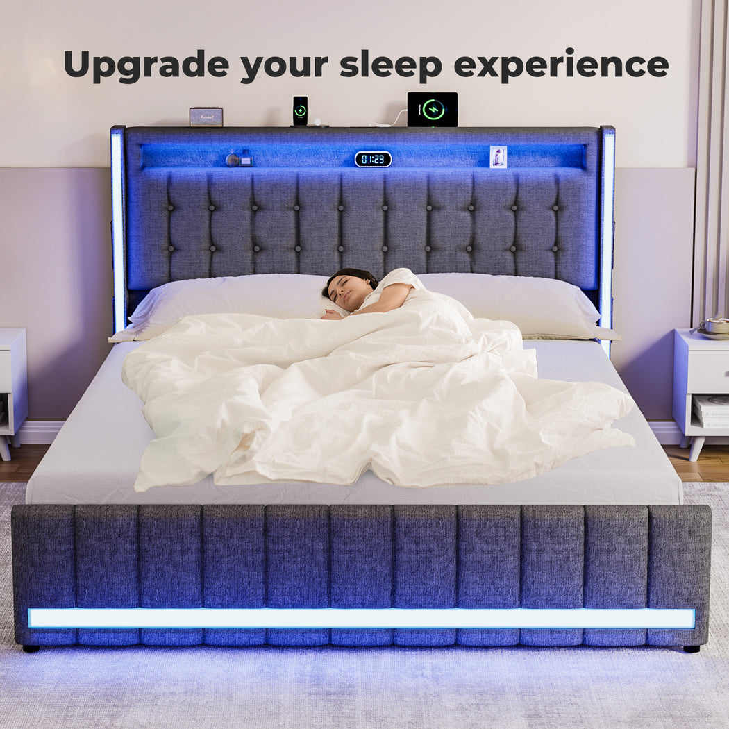 Levede Queen Solid Bed Frame Headboard RGB LED Lights 4 Drawer USB Charge