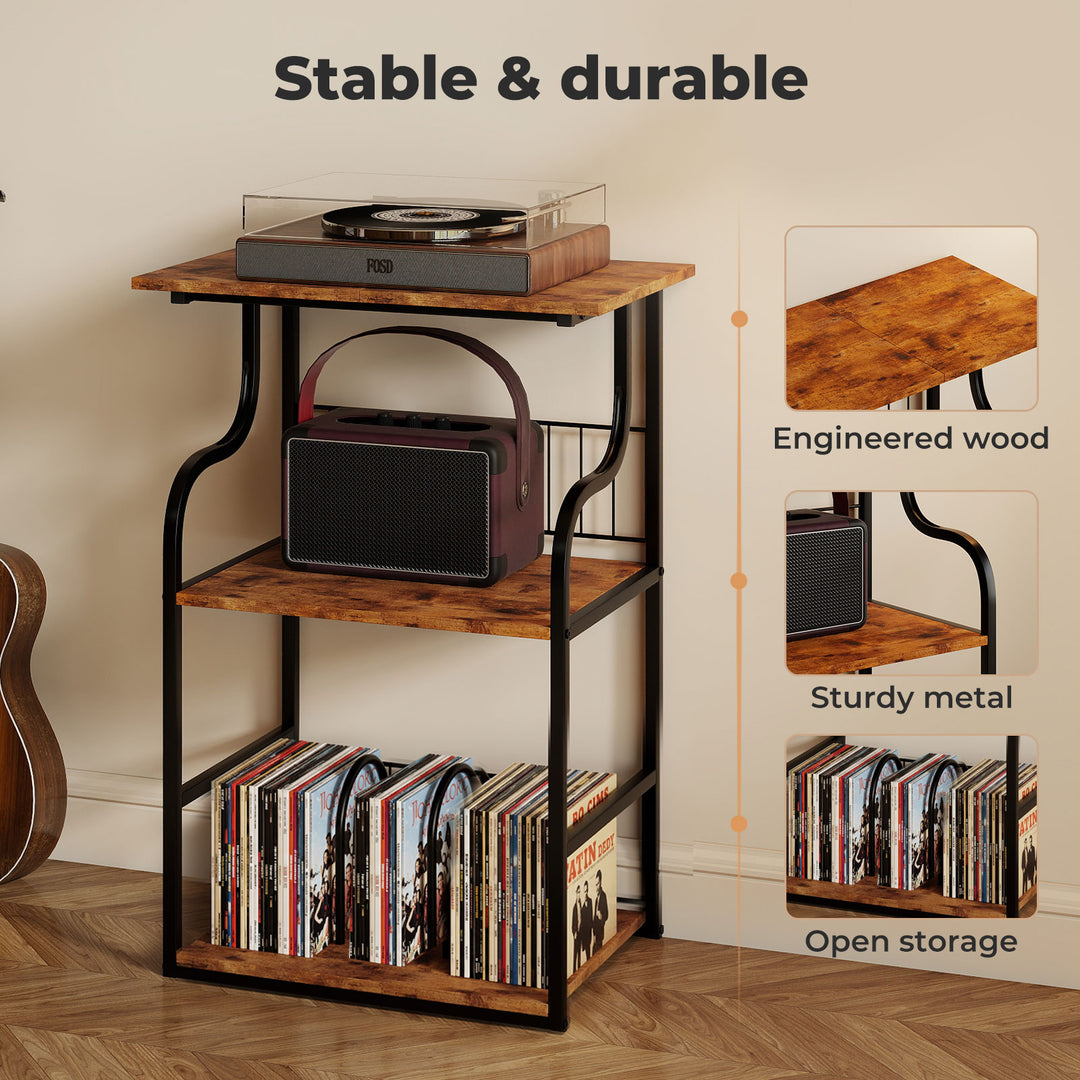 Side Table 3-Tier Storage Shelf Modern Wood Record Player Table Brown