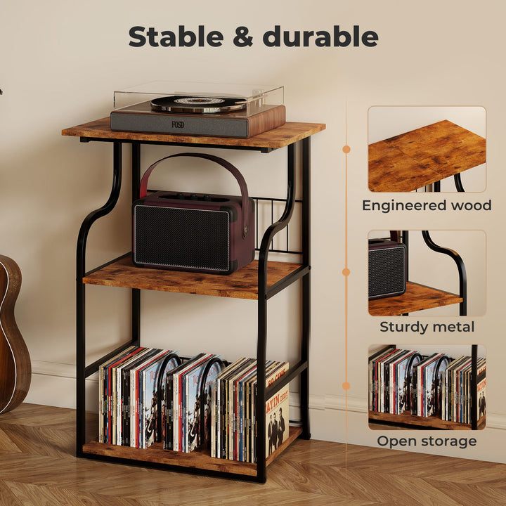Side Table 3-Tier Storage Shelf Modern Wood Record Player Table Brown