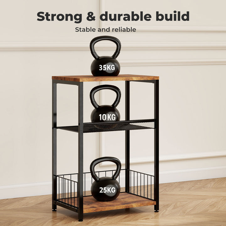 Side Table Bedside End Table 3 Tier Metal Wood Storage Vintage Brown