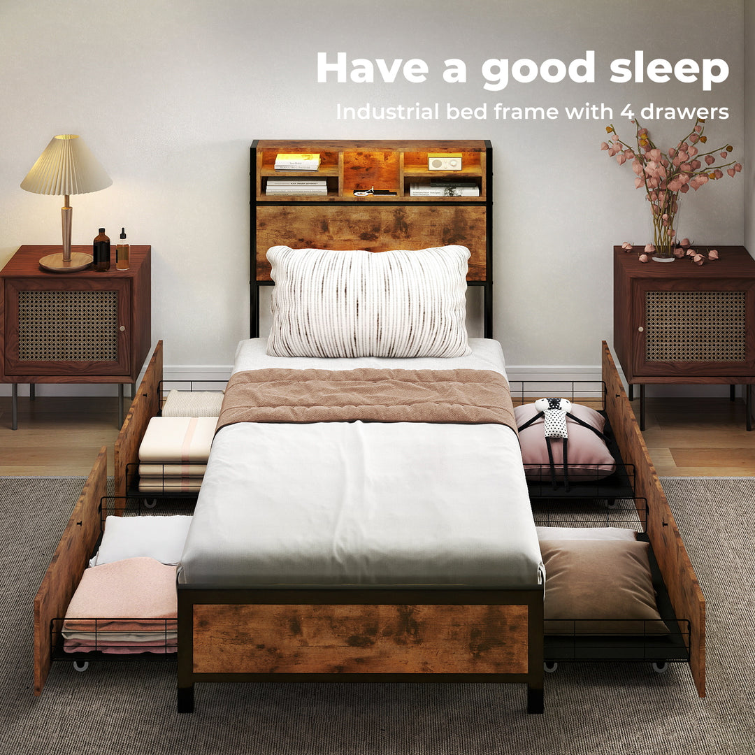 Bed Frame Storage Headboard Drawers RGB LED USB Charge Industrial