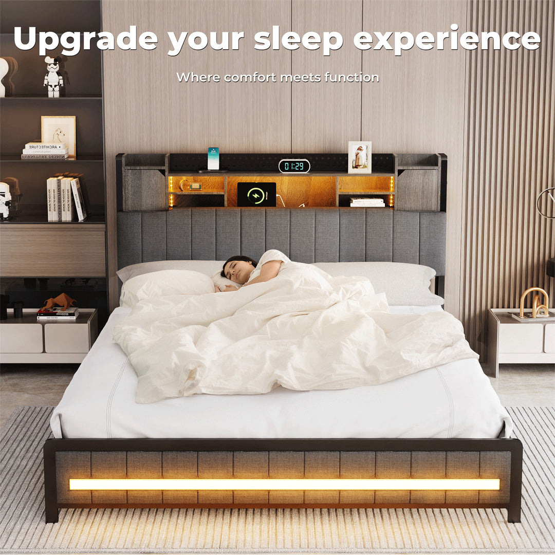 Bed Frame Linen Upholstered Storage Headboard LED Charging 2 Ports