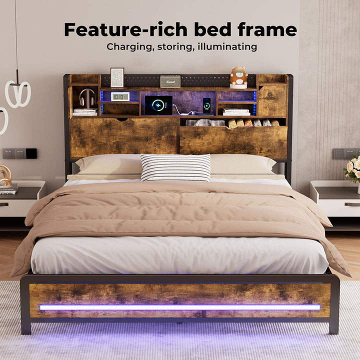 King Bed Frame Storage Headboard Shelf Industrial RGB Light LED Charging
