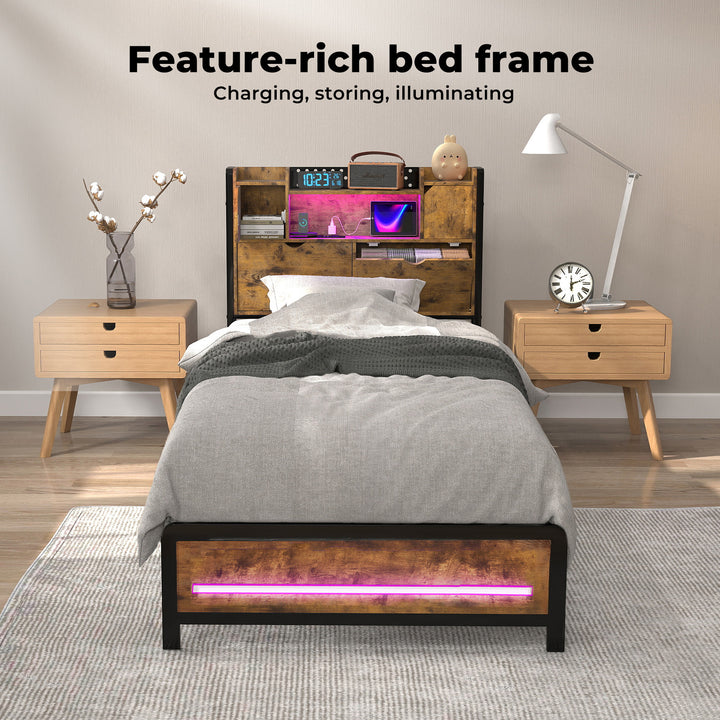Single Bed Frame Storage Headboard Industrial RGB Light LED Charging