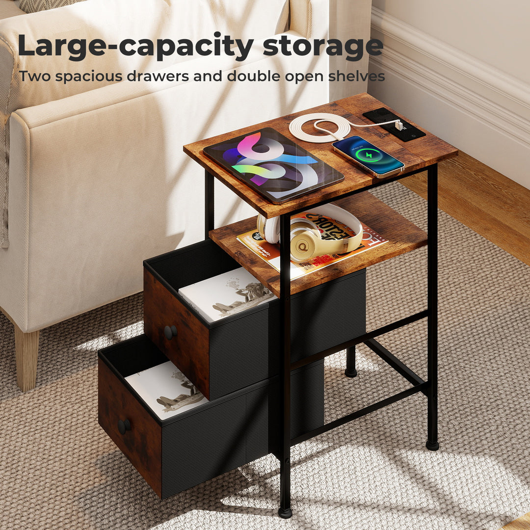 Bedside Table Side Table Storage Cabinet USB Charge Table 2 Drawers Brown