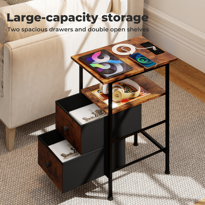 Bedside Table Side Table Storage Cabinet USB Charge Table 2 Drawers Brown