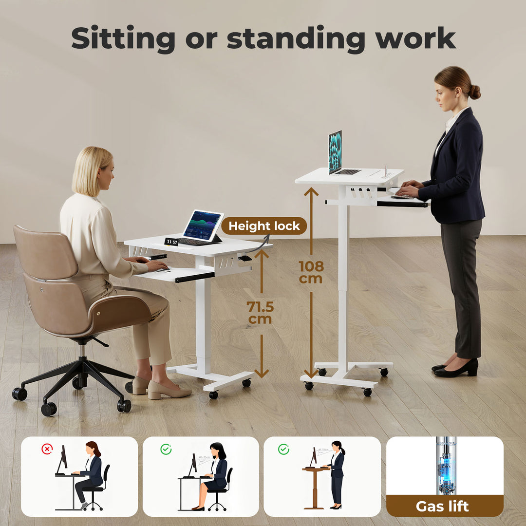 Mobile Standing Desk Adjustable Height Computer Table Keyboard Tray White