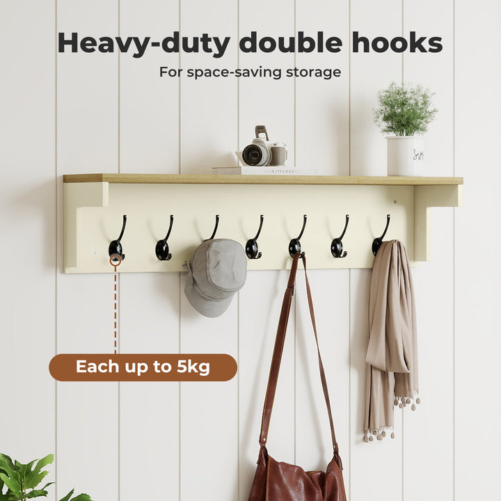 Coat Rack Wall Mounted Shelf 7 Double Hooks Storage Entryway Hallway