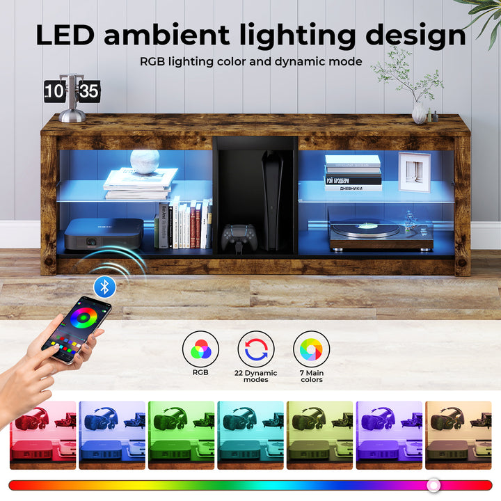 TV Unit Stand Cabinet Glass Display Storage Shelves RGB LED Lights 140cm