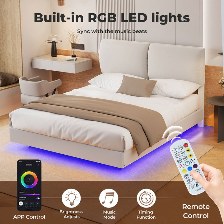 Floating Bed Frame With RGB LED Light Headboard Base Platform Double