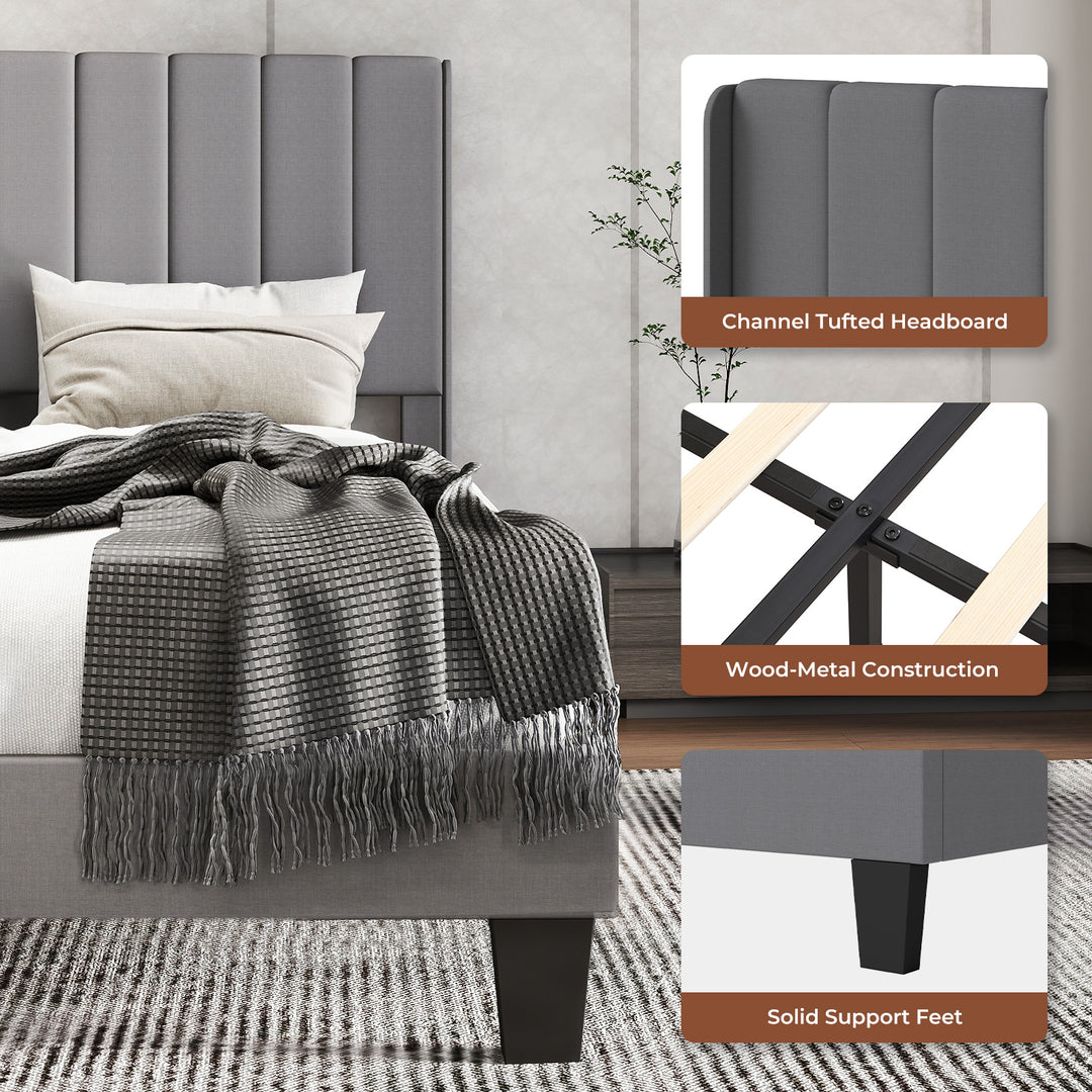 Metal Wooden Bed Frame Queen Panel Plush Upholstered Soft Headboard Grey