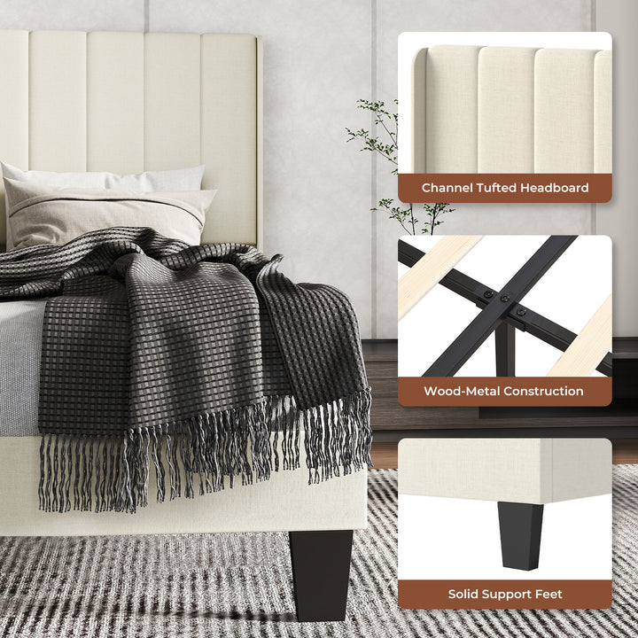 Metal Wooden Bed Frame Queen Panel Plush Upholstered Mattress Platform