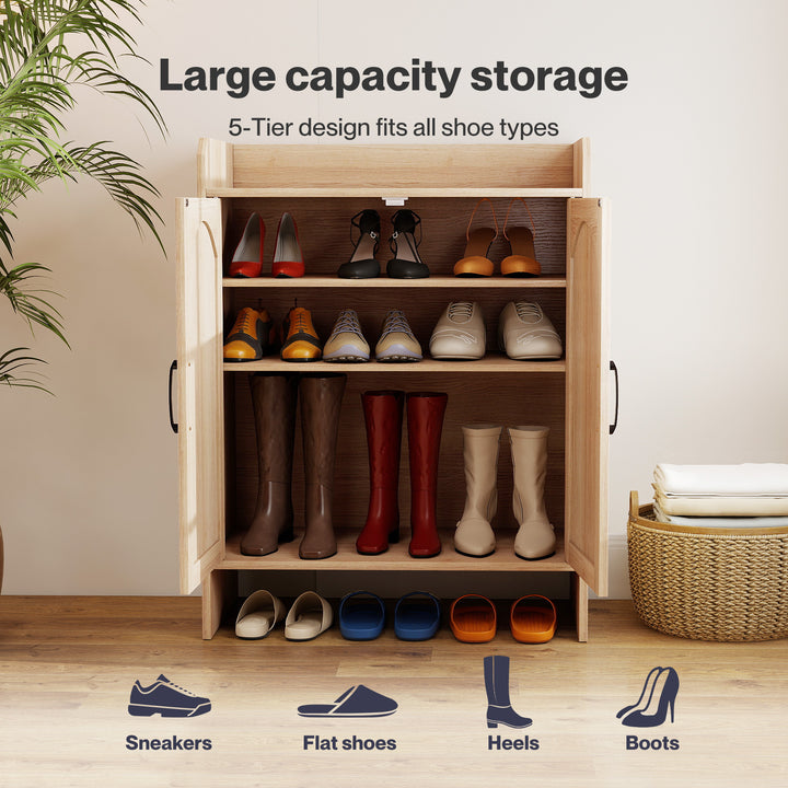 5 Tier Shoe Cabinet Wooden Double Door Storage Rack Organiser Entryway