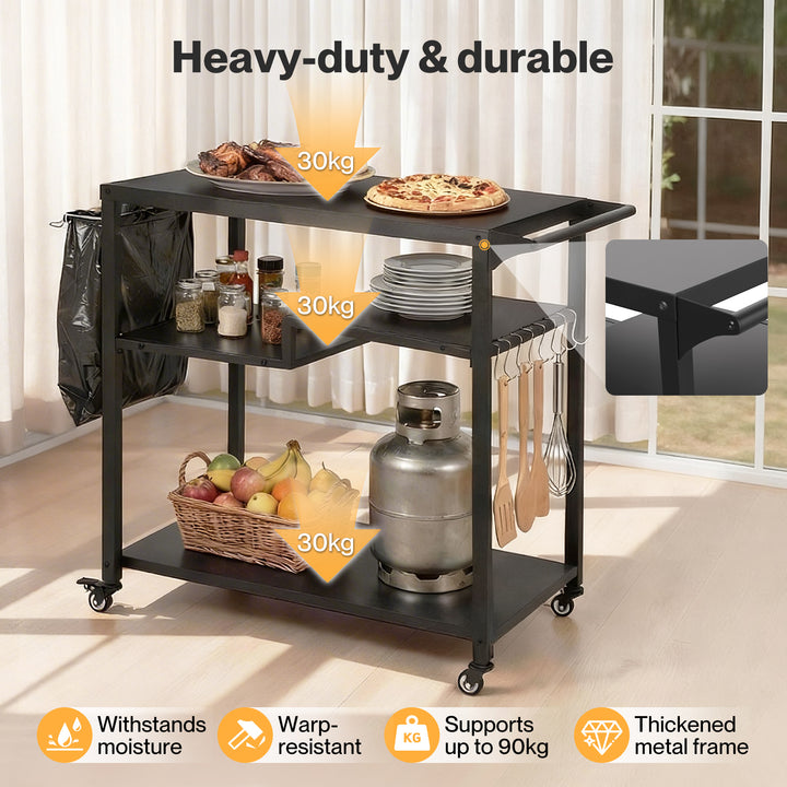 Outdoor Kitchen Cart 3 Tier BBQ Grill Cart Mobile Patio Serving Trolley