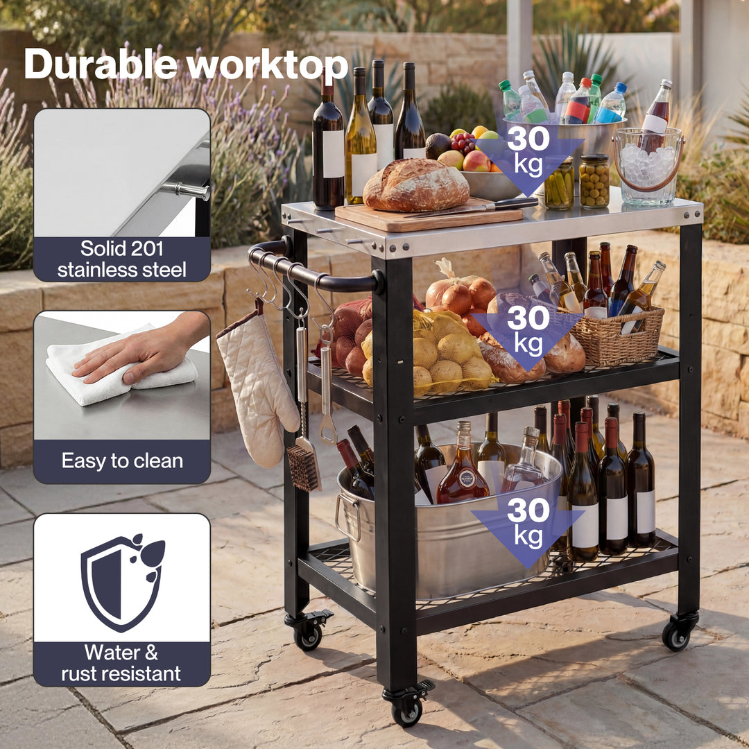Outdoor Kitchen Cart Mobile BBQ Grill Trolley Stainless Steel Prep Table