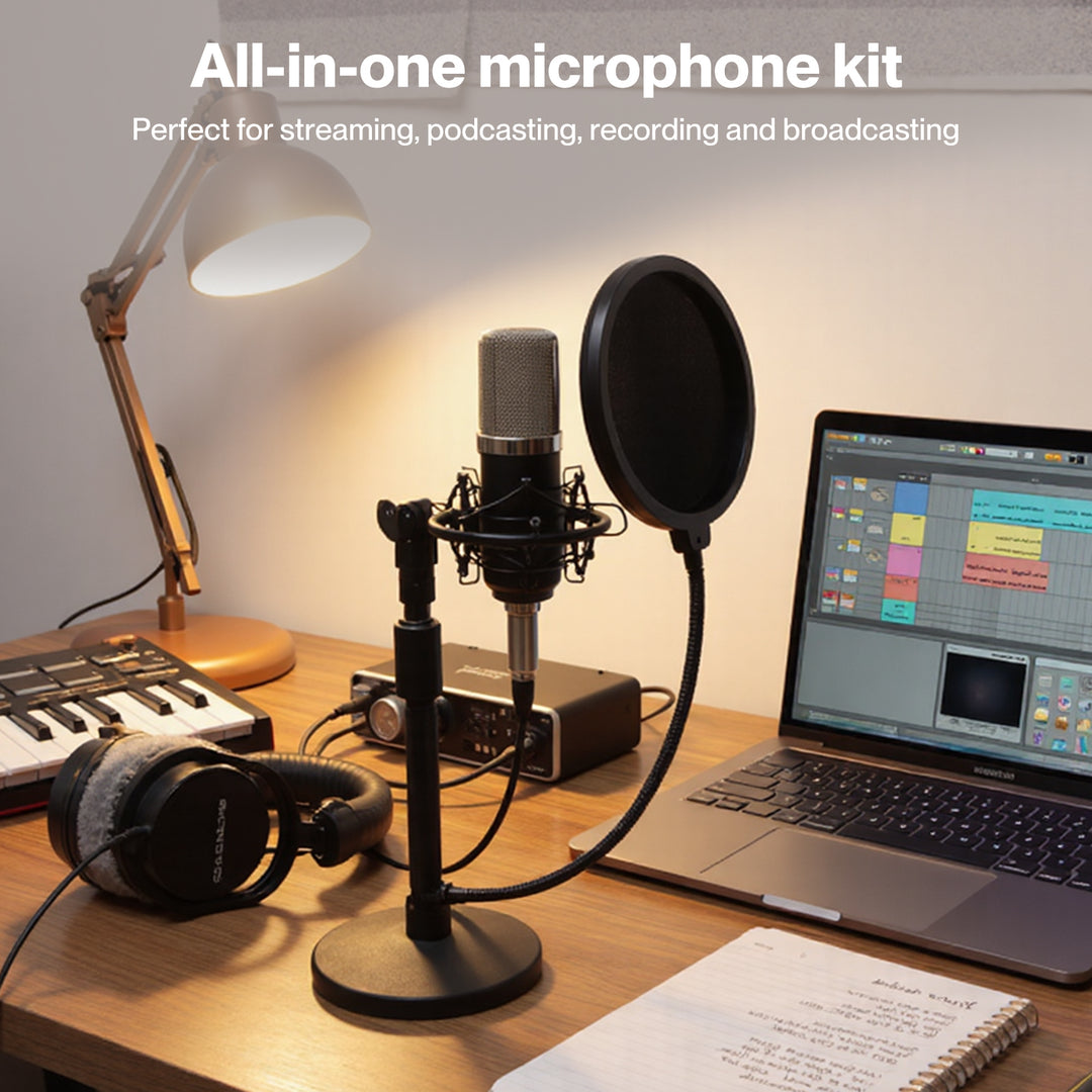 Desktop Microphone Stand Adjustable Pop Filter Shock Mount Base Kit Black