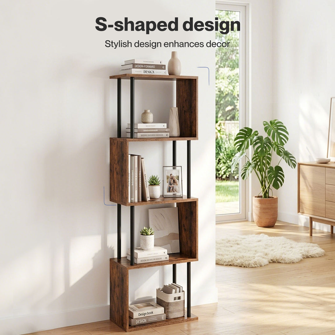 Bookshelf 5 Tier Display Shelf Bookcase Storage Rack S-Shaped Anti-Tip