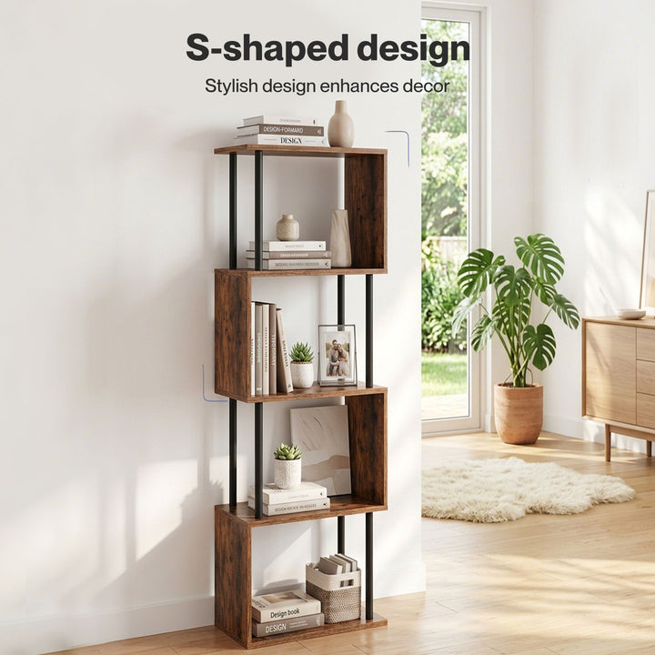 Bookshelf 5 Tier Display Shelf Bookcase Storage Rack S-Shaped Anti-Tip