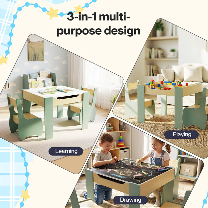 Kids Table and Chairs Set 3-in-1 Chalkboard Storage Learning Dining Desk