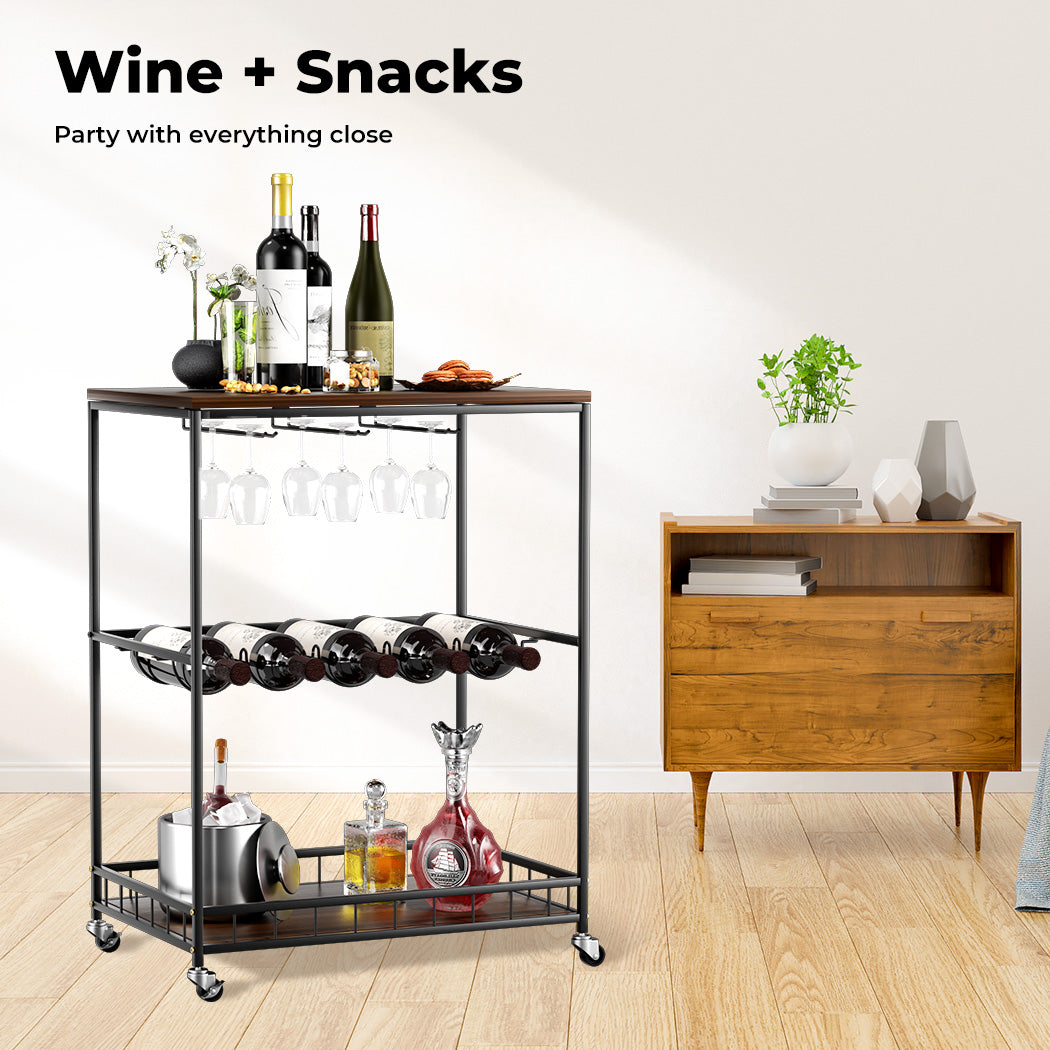 Vintage Bar Cart Wooden Drinks Serving Trolley Mobile Wine Rack Party