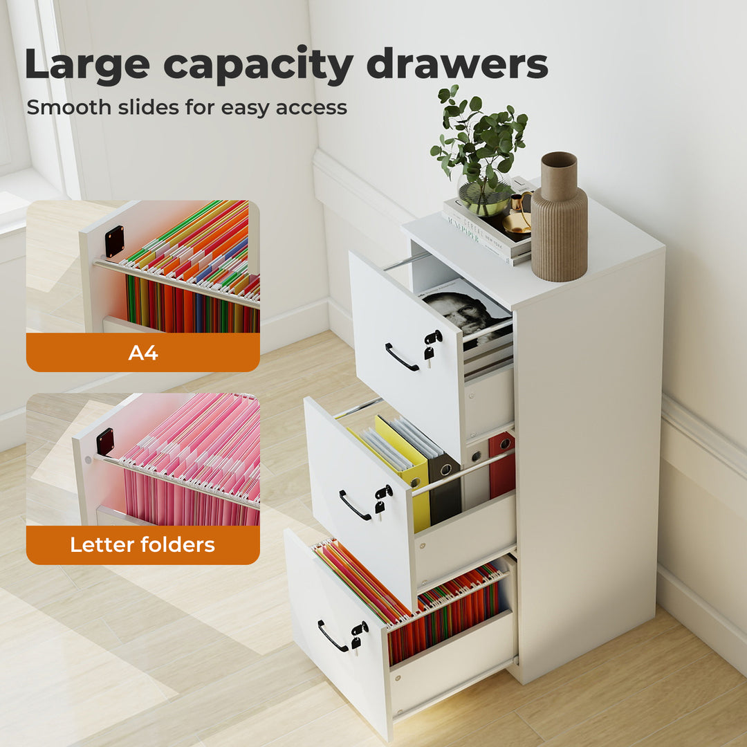 File Cabinet 3 Lockable Drawers Modern Filing Storage Home Office White