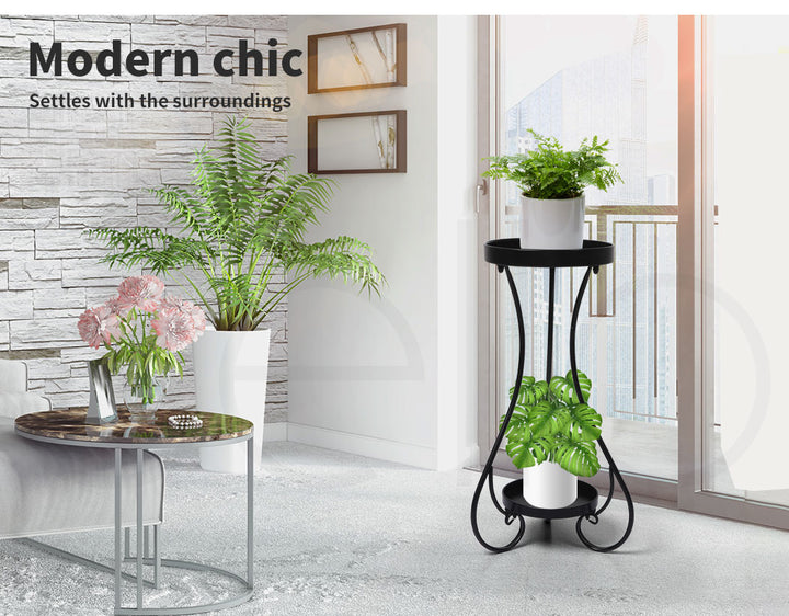 Plant Stand 2 Tiers Outdoor Indoor Metal Flower Pots Rack Garden Black